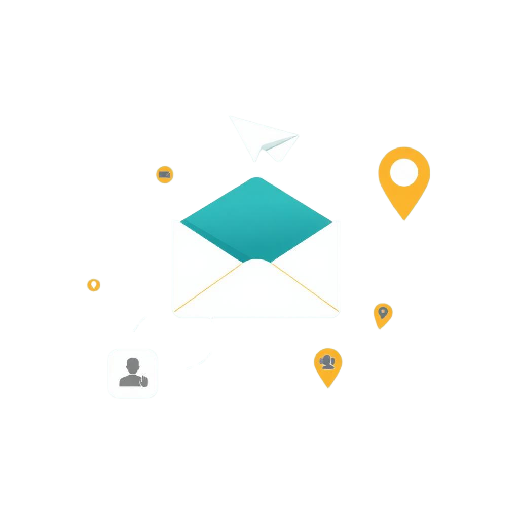 Envelope with paper plane, location pins and chat bubbles