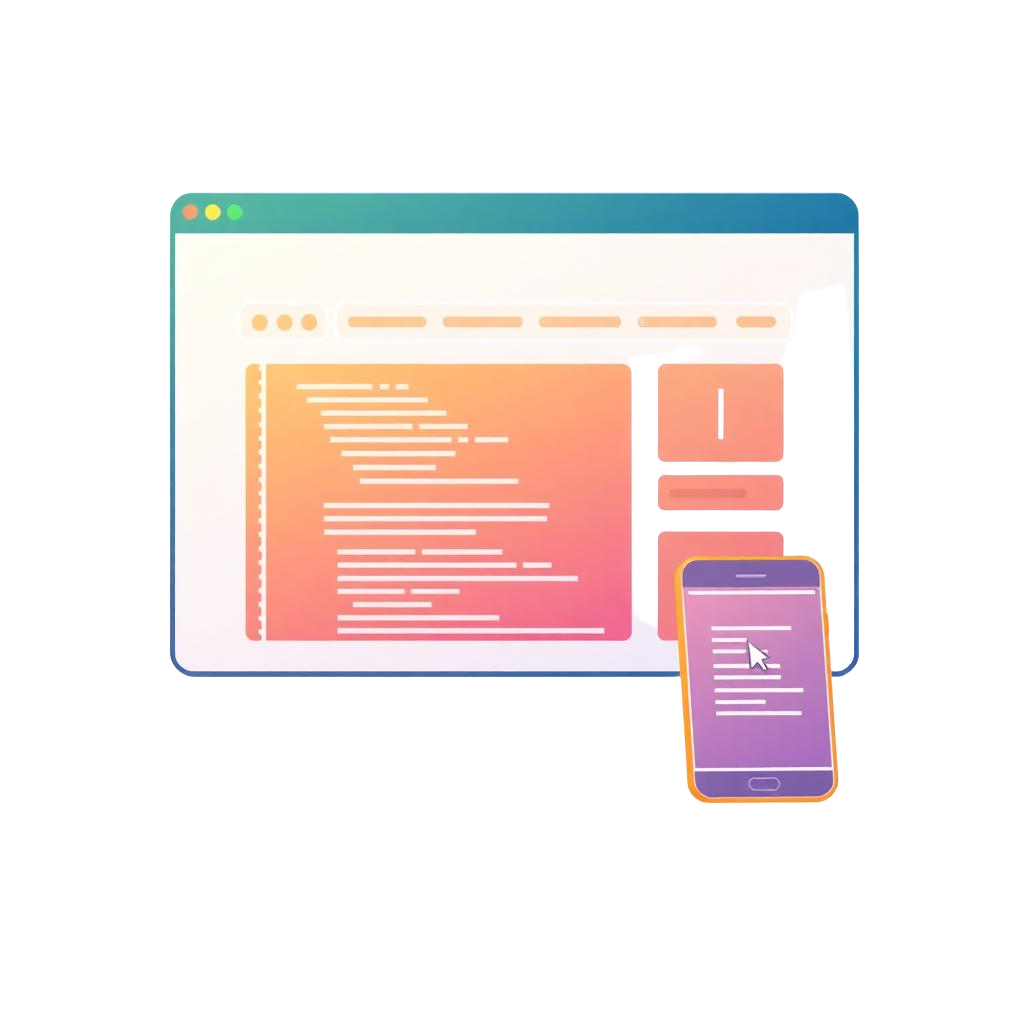 Browser window mockup with code and responsive mobile design